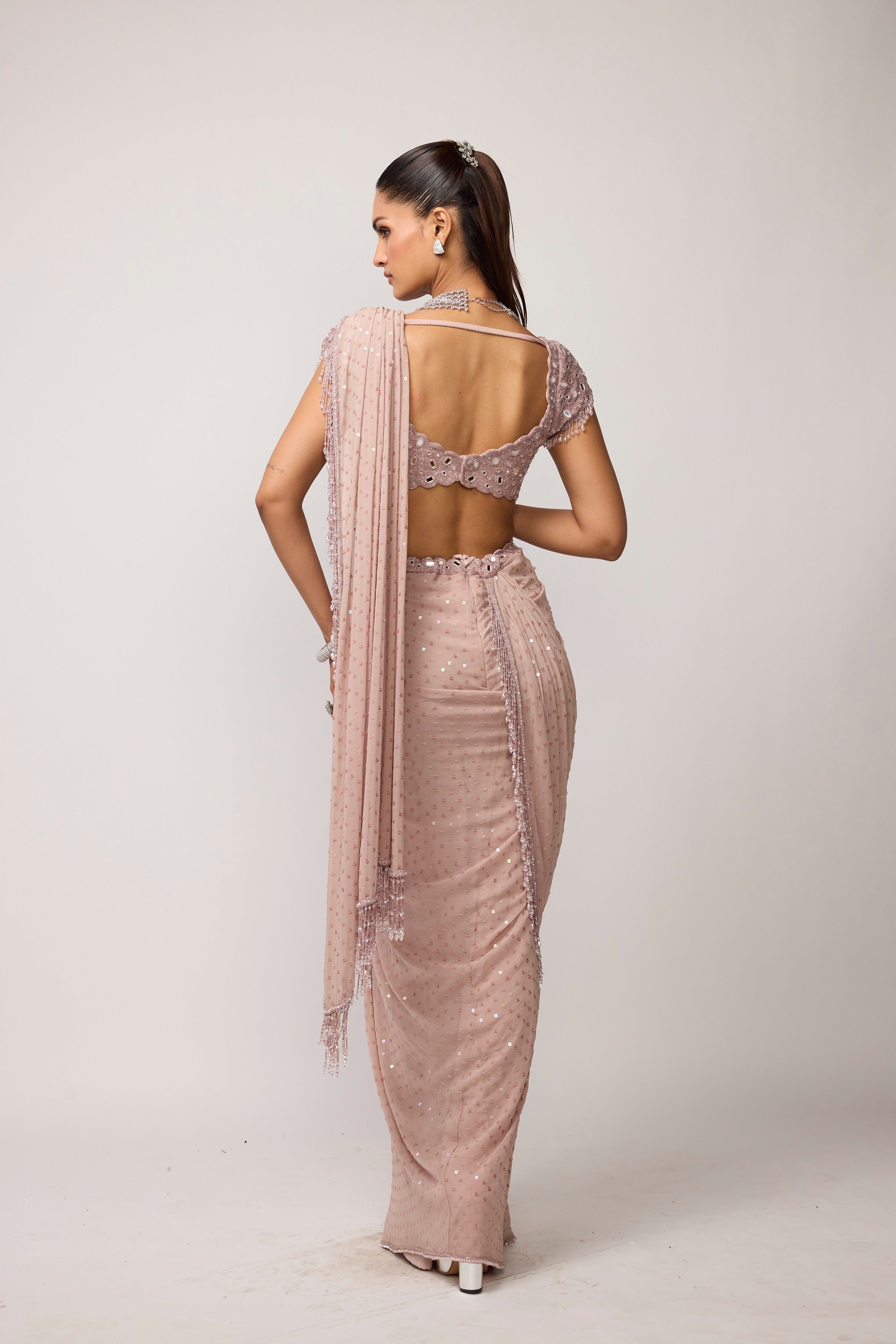 Ash Pink Drapded Saree Set