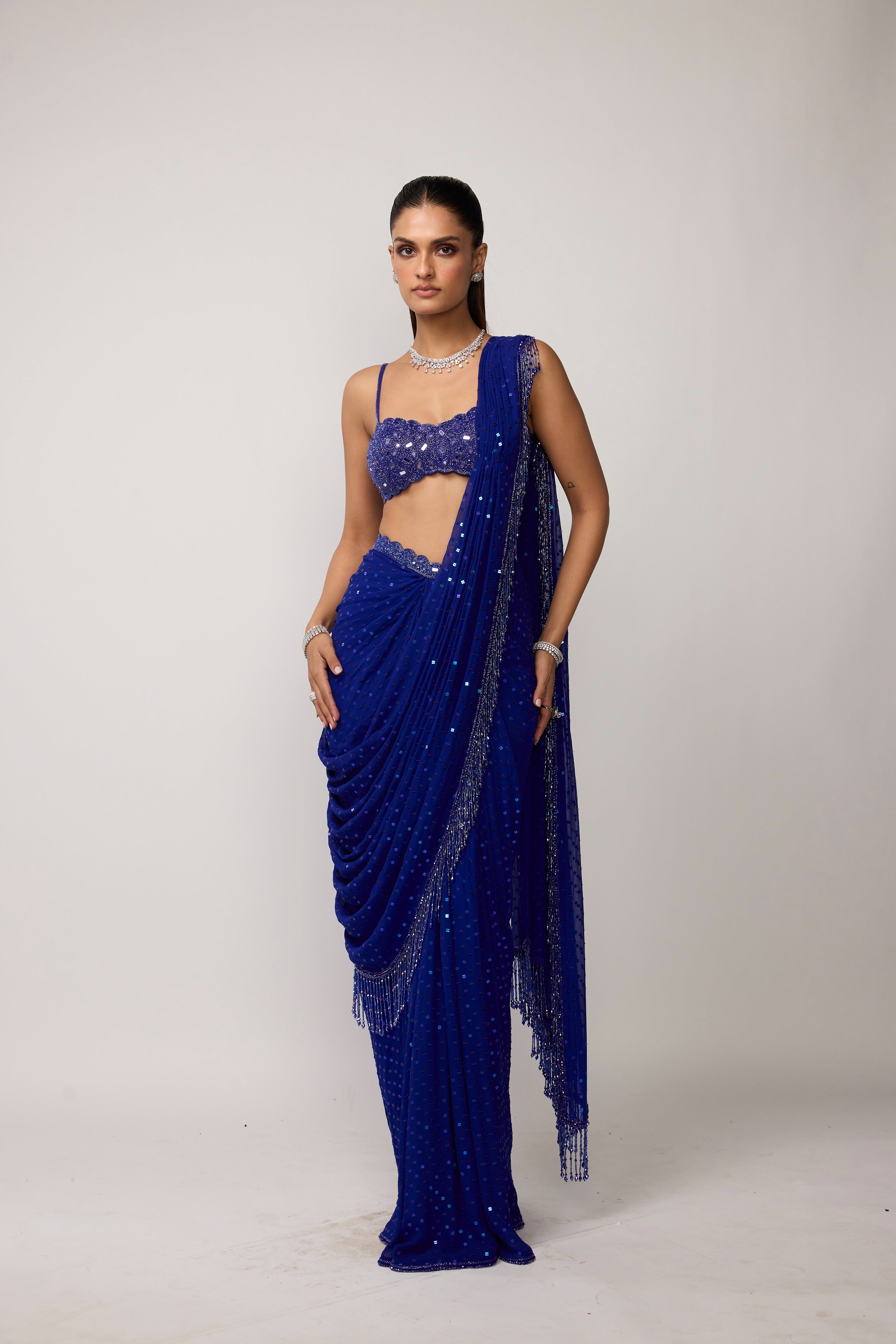 Cocktail Blue Sequins Embroidered Saree Set