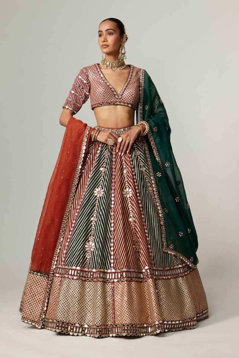 CRANBERRY MULTICOLOR LINEAR FLOWER LEHENGA SET WITH DOUBLE DUPATTA