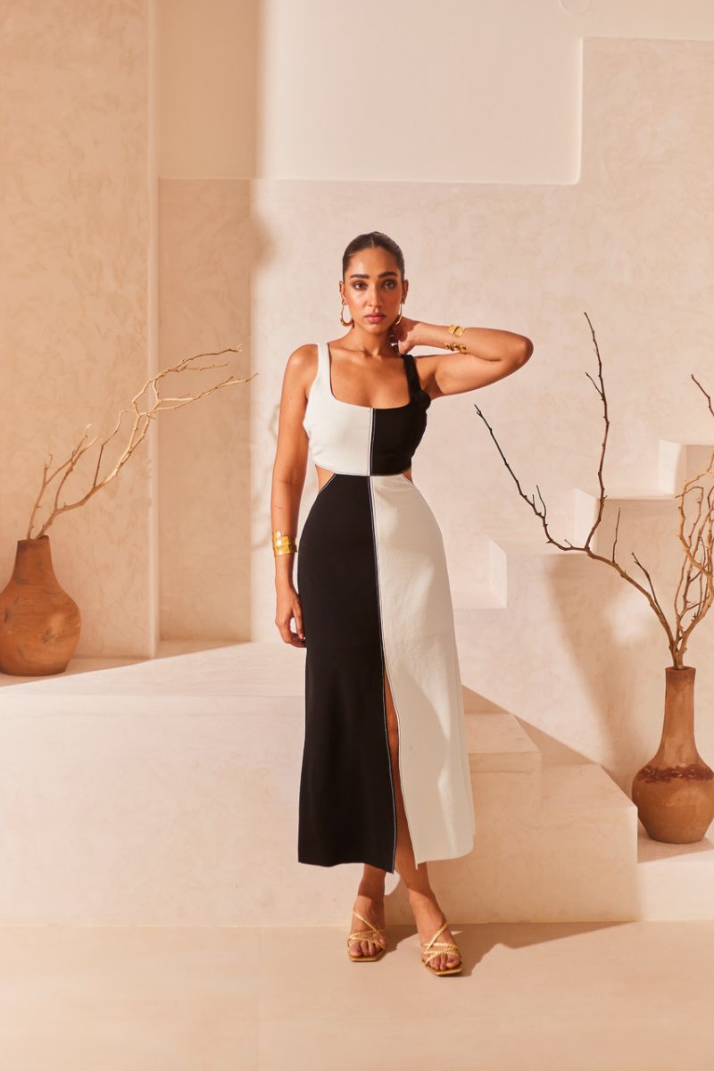 White Colour Block Midi Dress