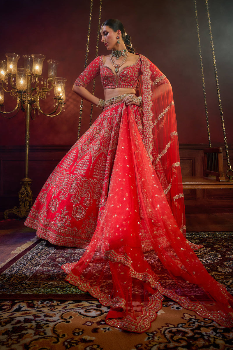 Red Raw Silk Hand & Machine Embroidered Lehenga Set