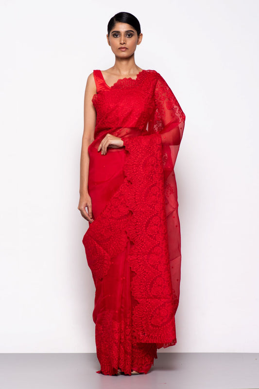 Handwoven Royal Red Embroidered Organza Silk Saree