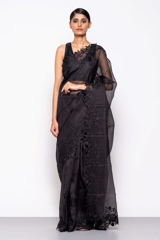 Handwoven Floral Black Embroidered Organza Silk Saree