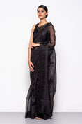 Load image into Gallery viewer, Handwoven Floral Black Embroidered Organza Silk Saree
