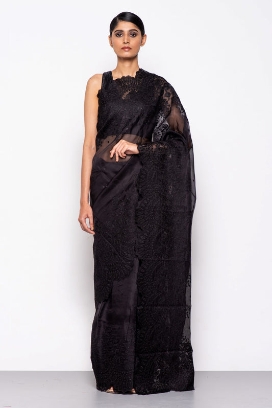Handwoven Royal Black Embroidered Organza Silk Saree