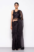 Load image into Gallery viewer, Handwoven Roses Black Embroidered Organza Silk Saree
