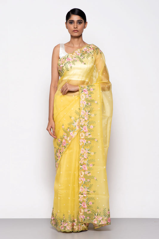 Handwoven Garden Yellow Embroidered Organza Silk Saree