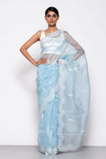 Load image into Gallery viewer, Handwoven Booti Firozi Embroidered Organza Silk Saree

