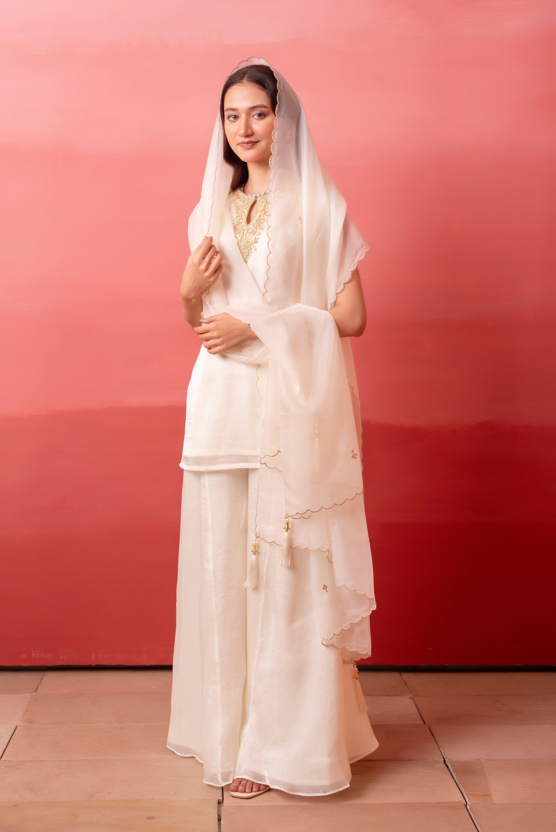White Handwork Kurta Palazzo Set With Organza Dupatta