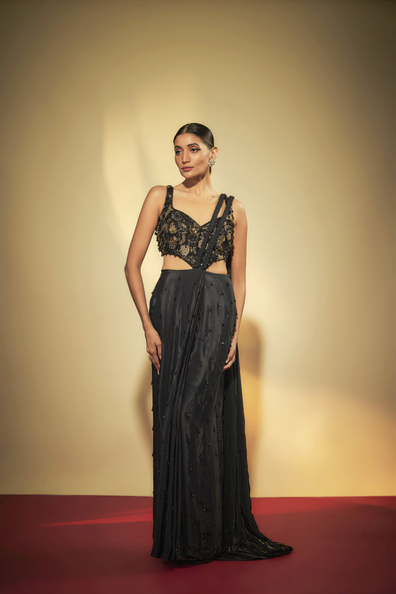 Black Embroidered Pre Stitched Saree Gown
