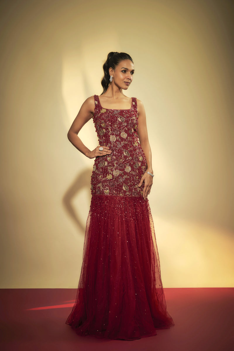 Maroon Net And Blended Crepe Embroidered Gown