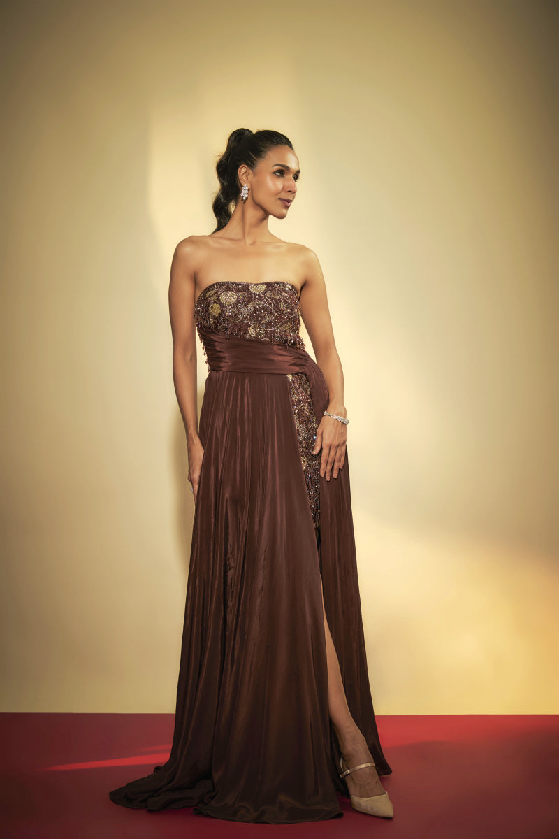 Brown Crepe Embroidered Gown