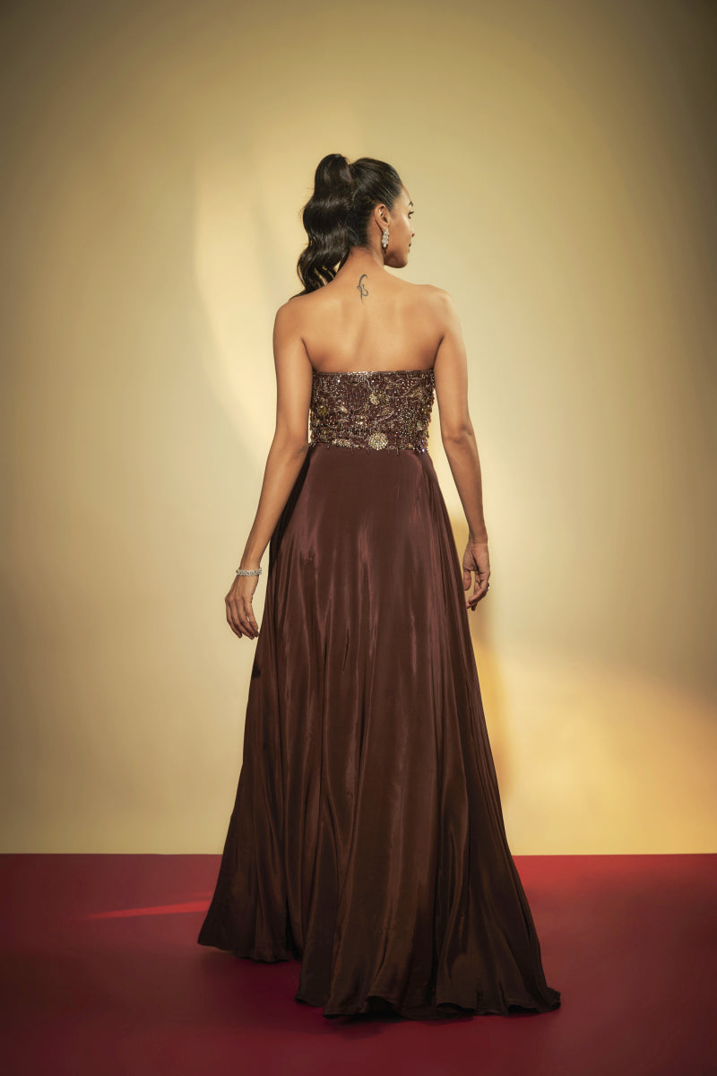 Brown Crepe Embroidered Gown