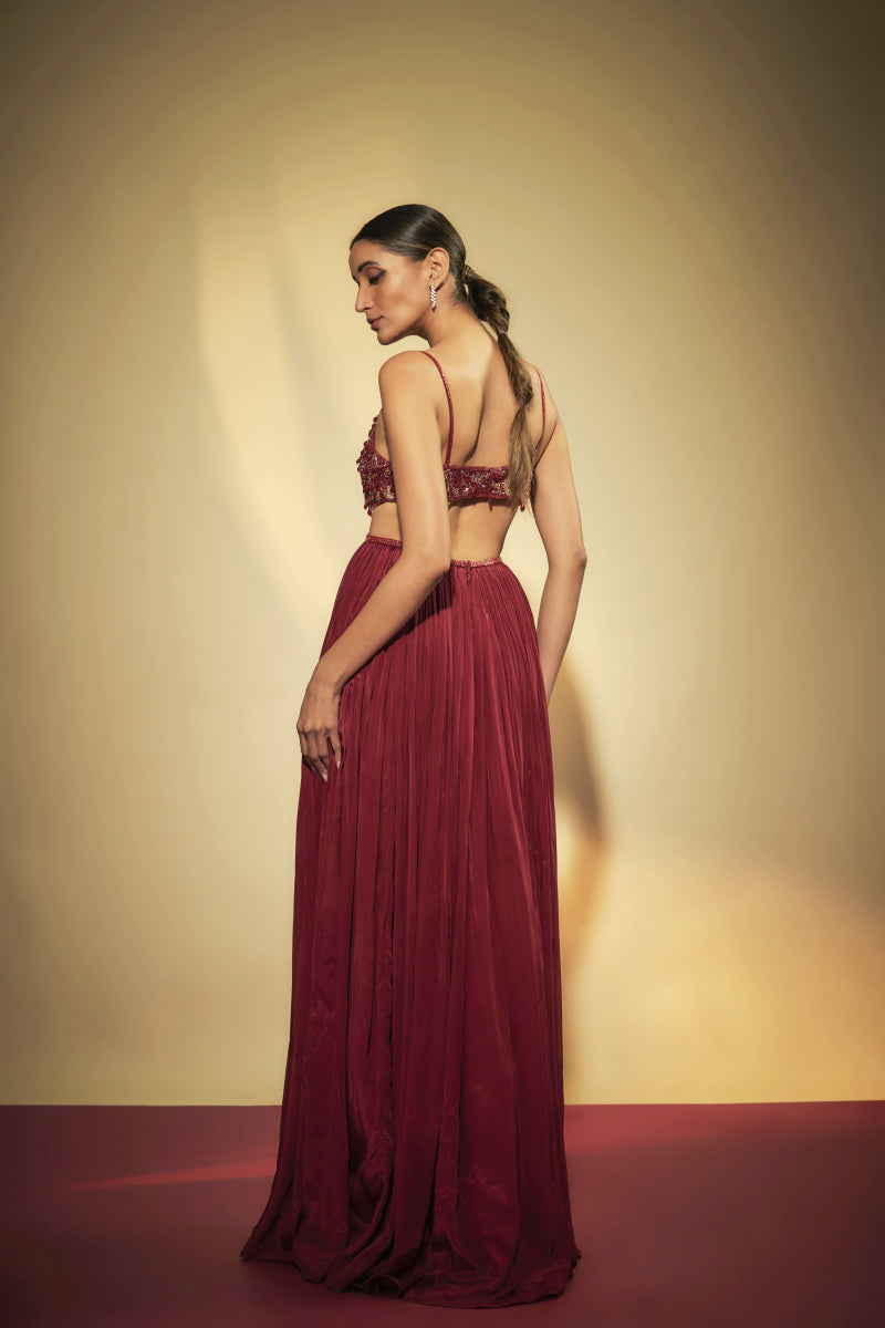 Maroon Crepe Embroidered Gown