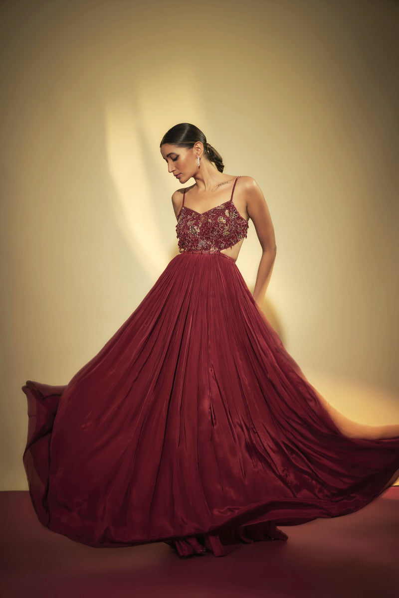 Maroon Crepe Embroidered Gown