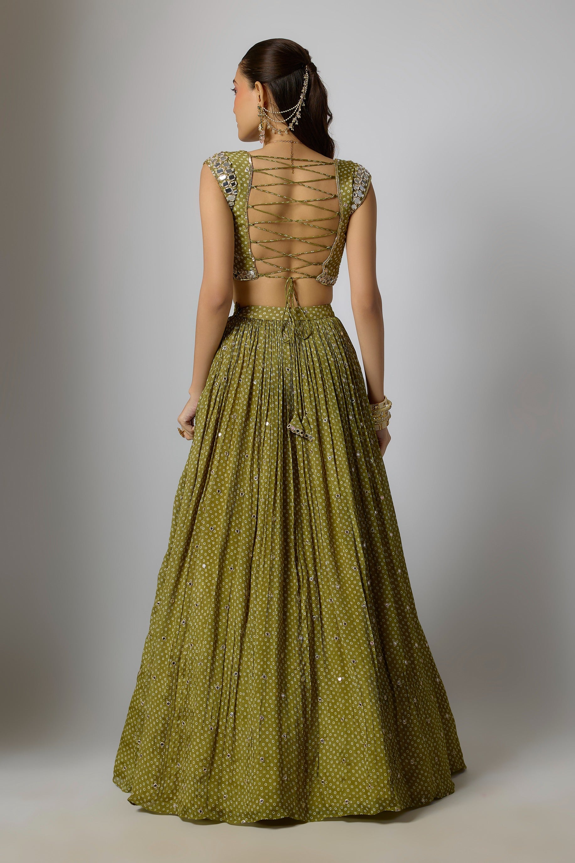 Mehendi Green Chinon Embroidered Lehenga Set