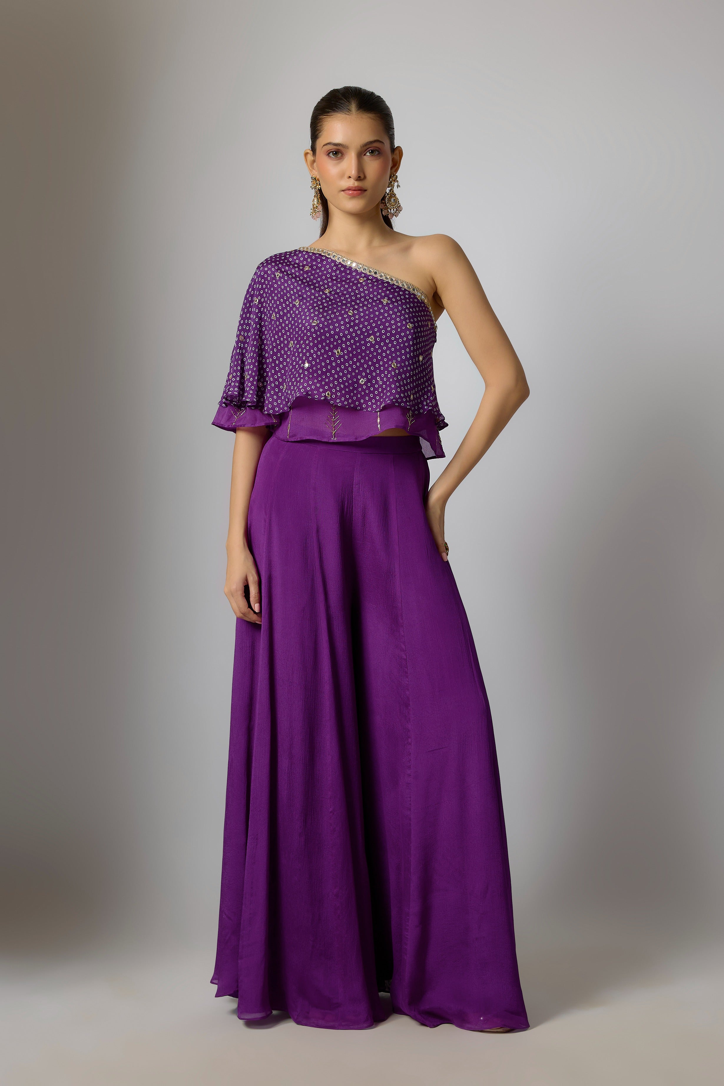 Purple Chinon Embroidered Palazzo Set