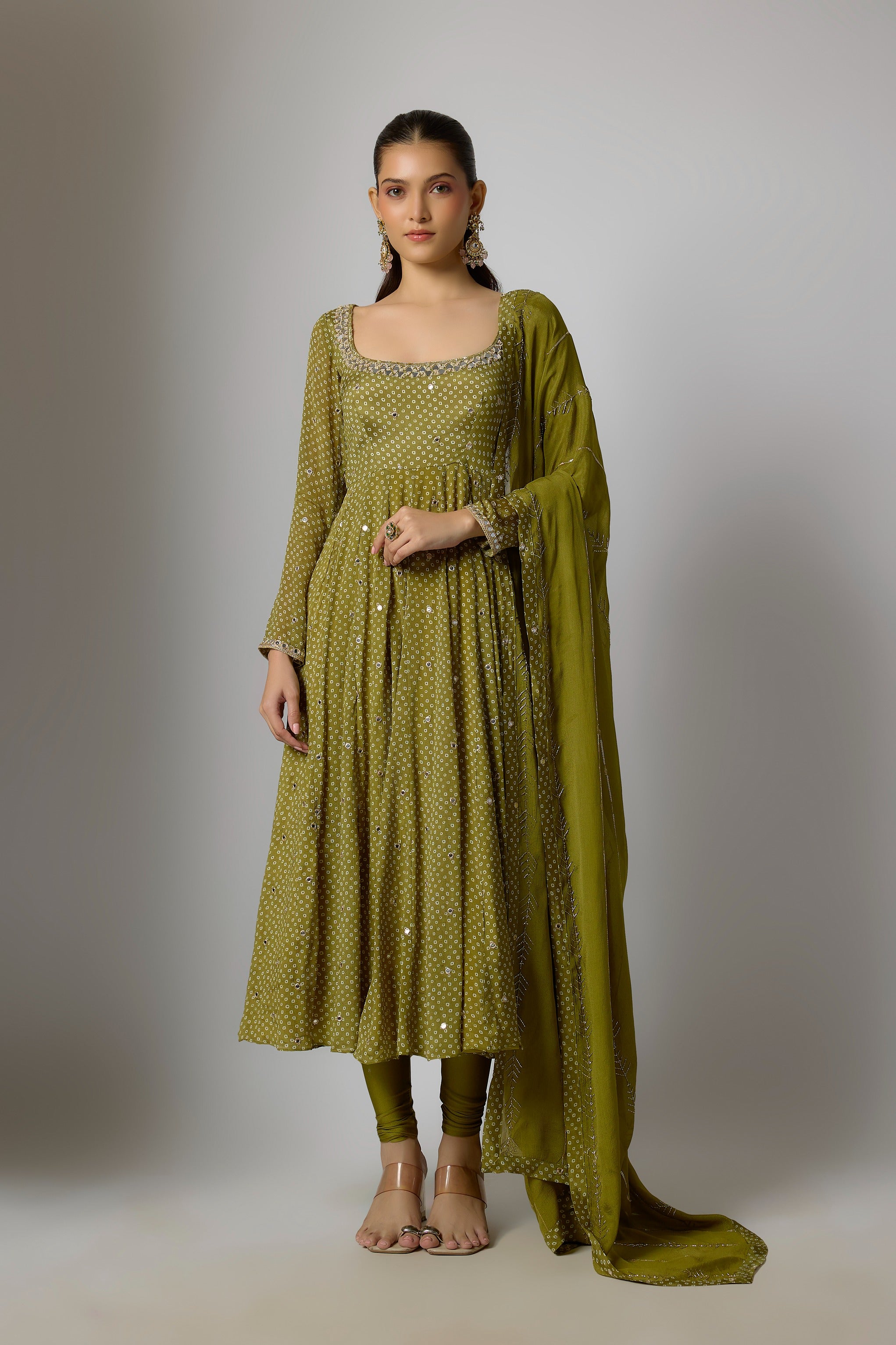 Mehendi Green Chinon Embroidered Anarkali Set