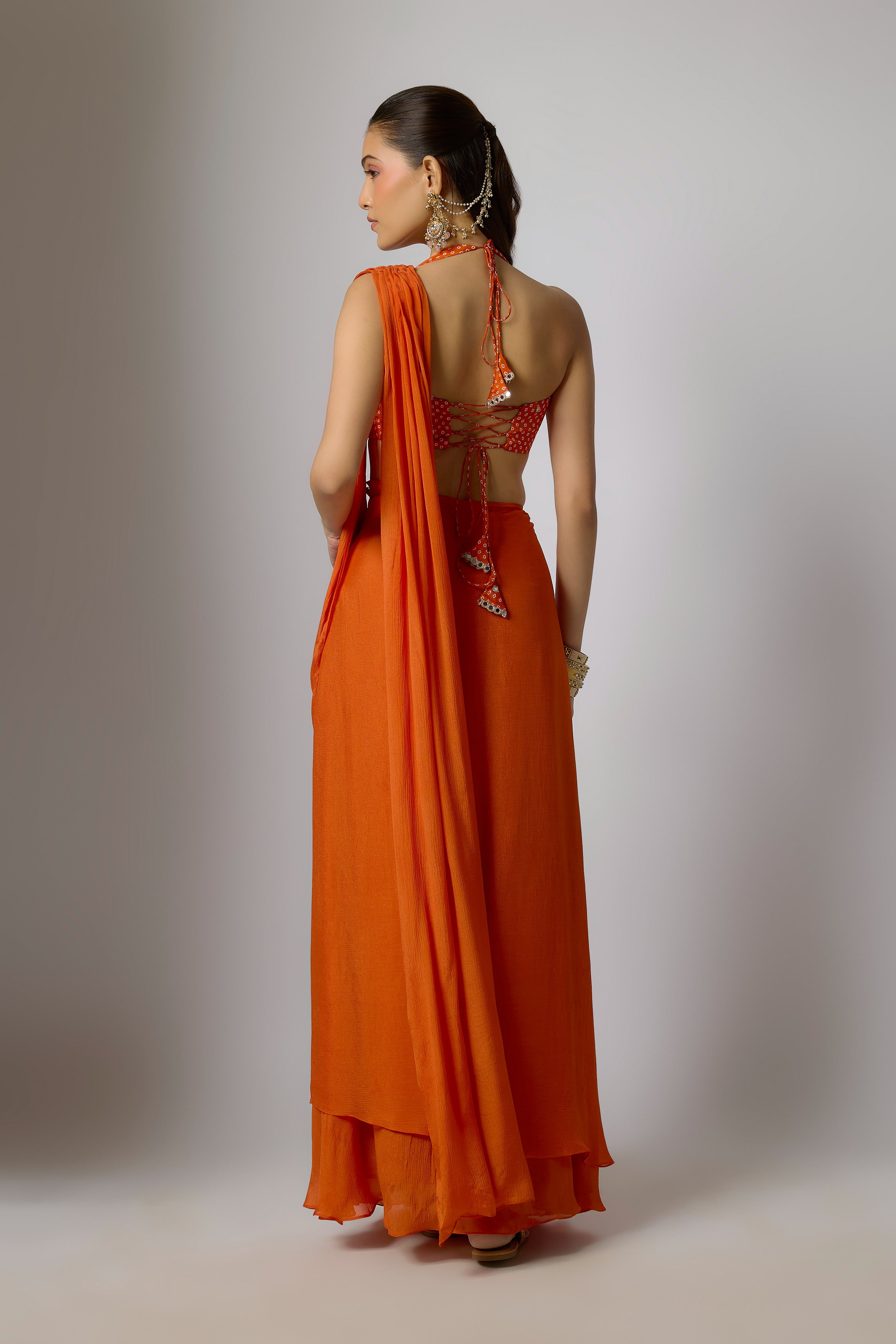 Orange Draped Chinon Saree Set