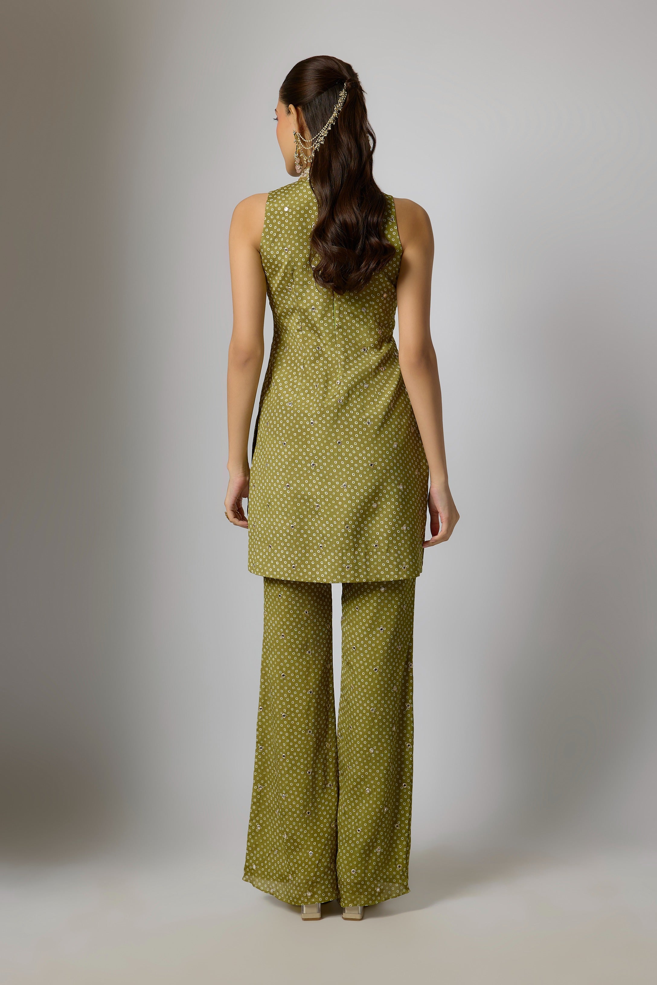 Mehendi Green Chinon Kurta Palazzo Set