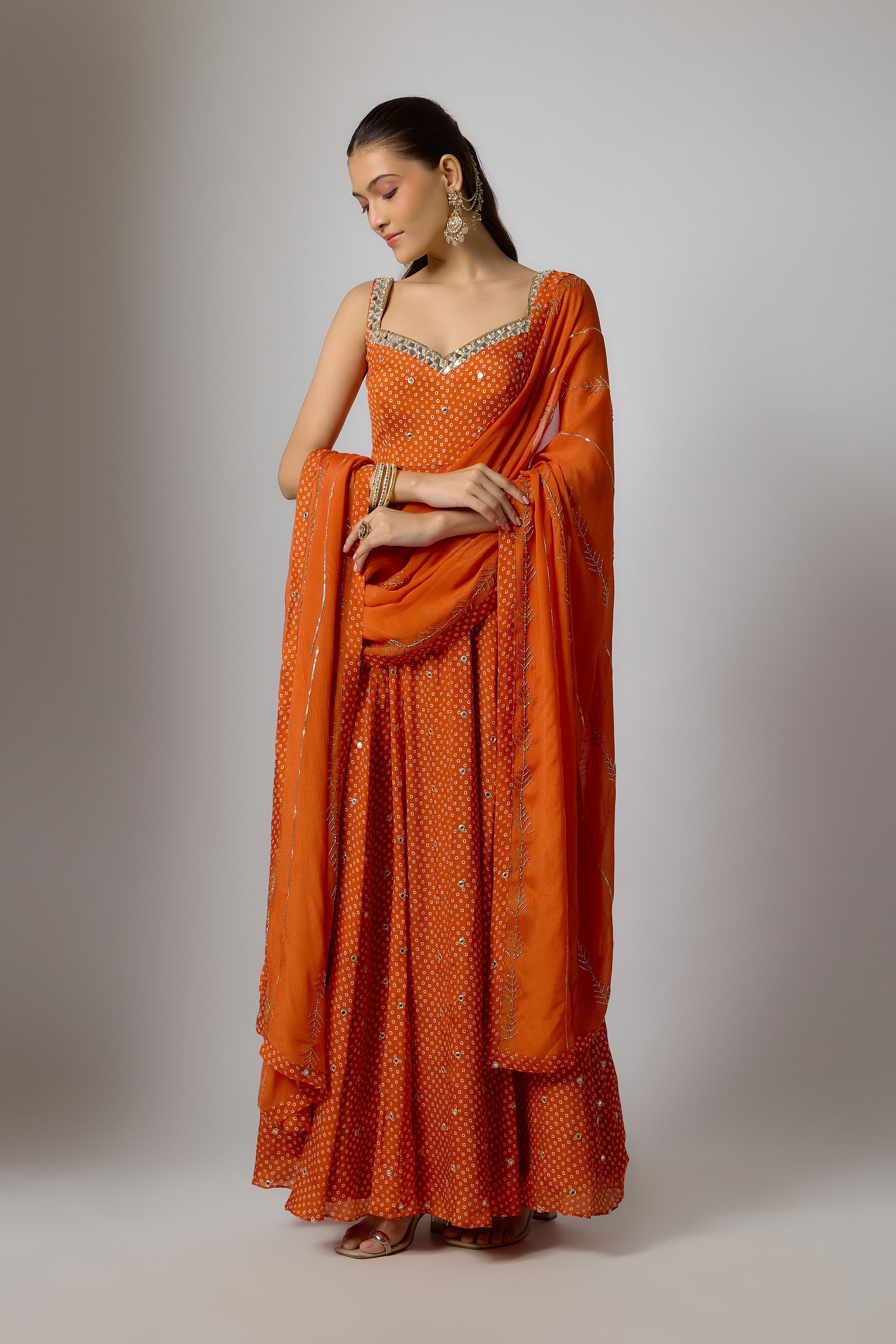 Orange Chinon Embroidered Anarkali Set
