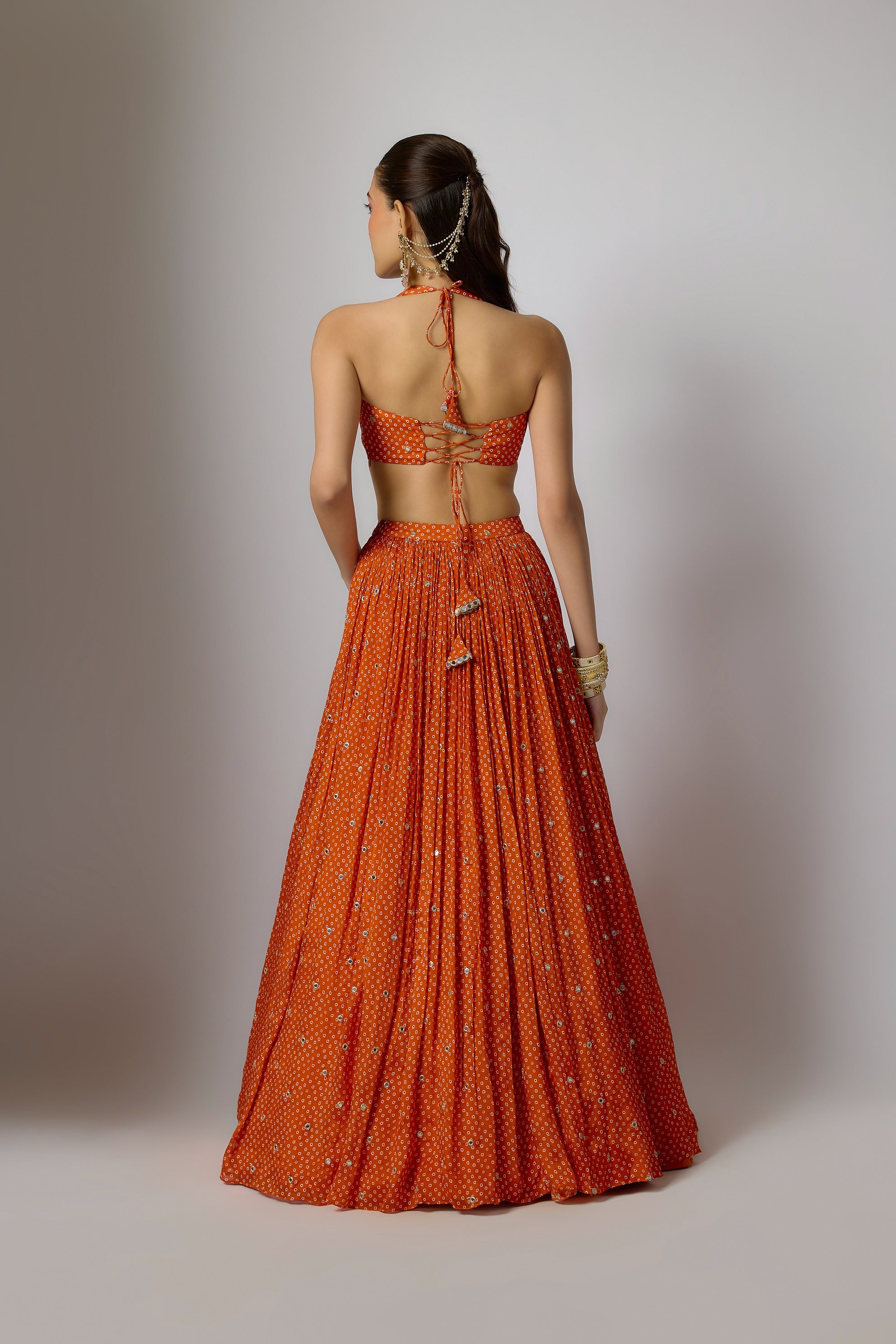 Orange Chinon Embroidered Lehenga Set