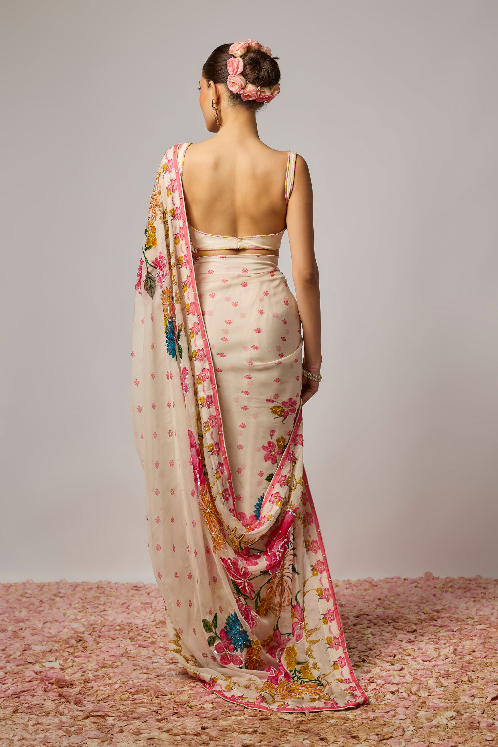 Ivory Organza Embroidered Floral Pre Draped Saree Set