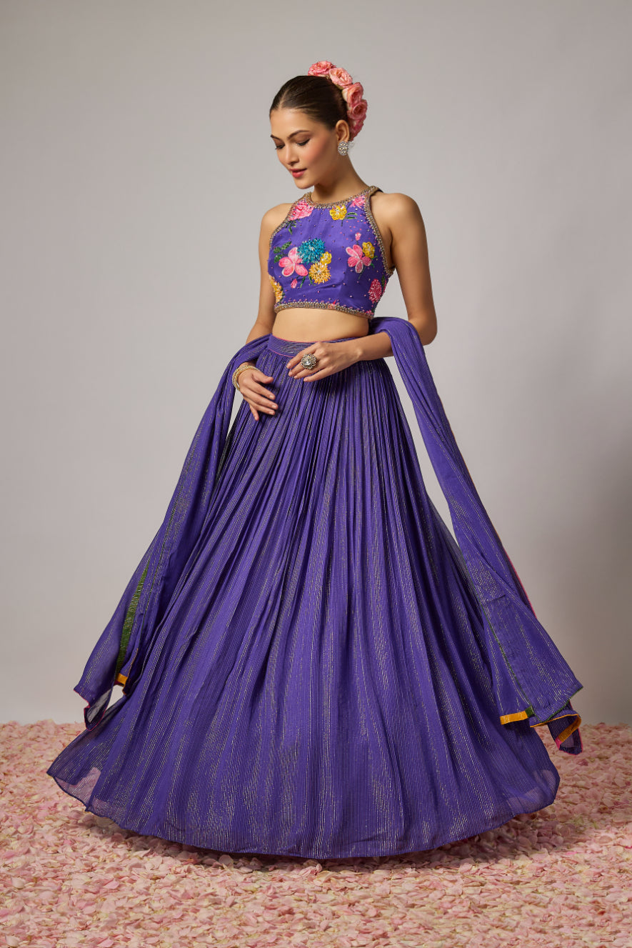 Deep Purple Hand Embroidered Floral Lehenga Set