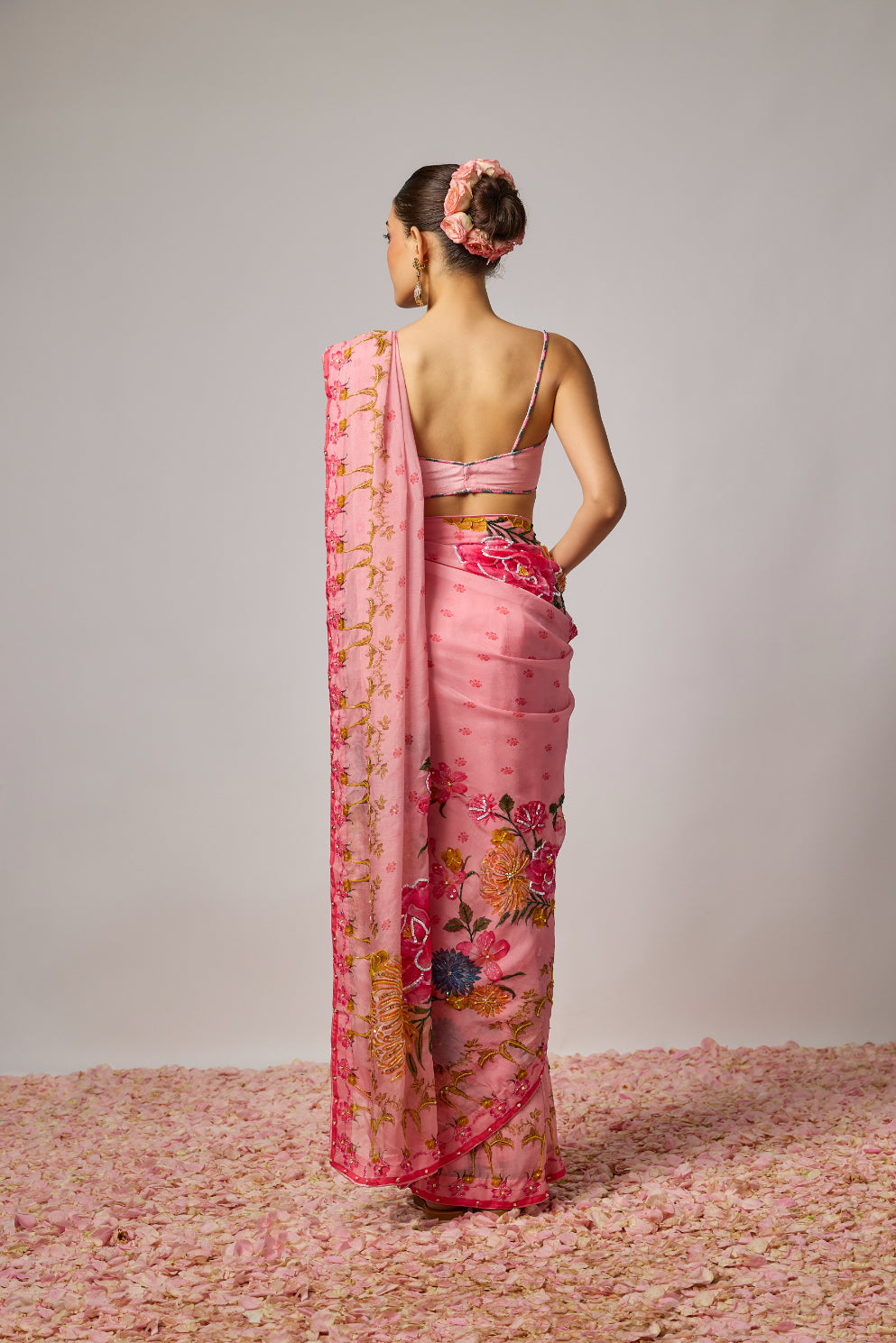 Floral Embroidered Pre Draped Saree Set