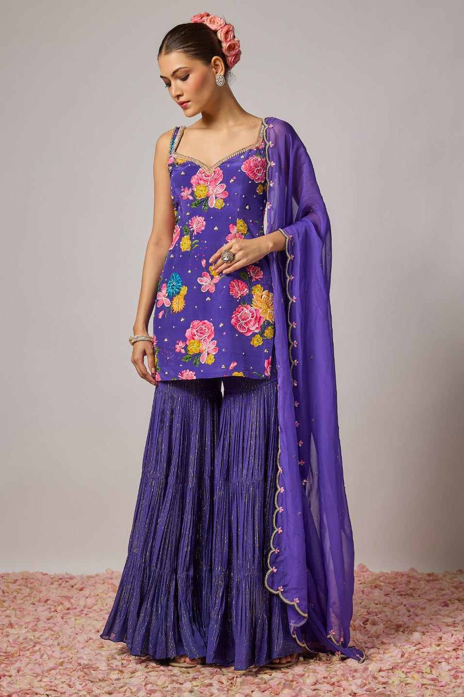 Pure Crepe Embroidered Floral Sharara Set