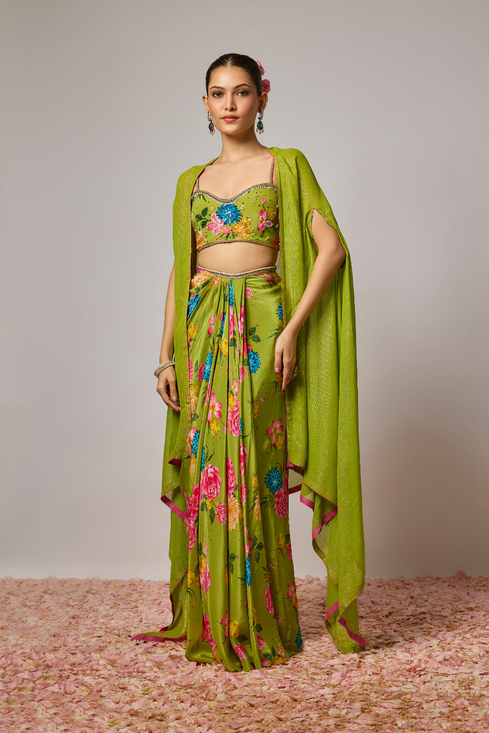 Mehendi Green Pure Crepe Floral Draped Dhoti Set