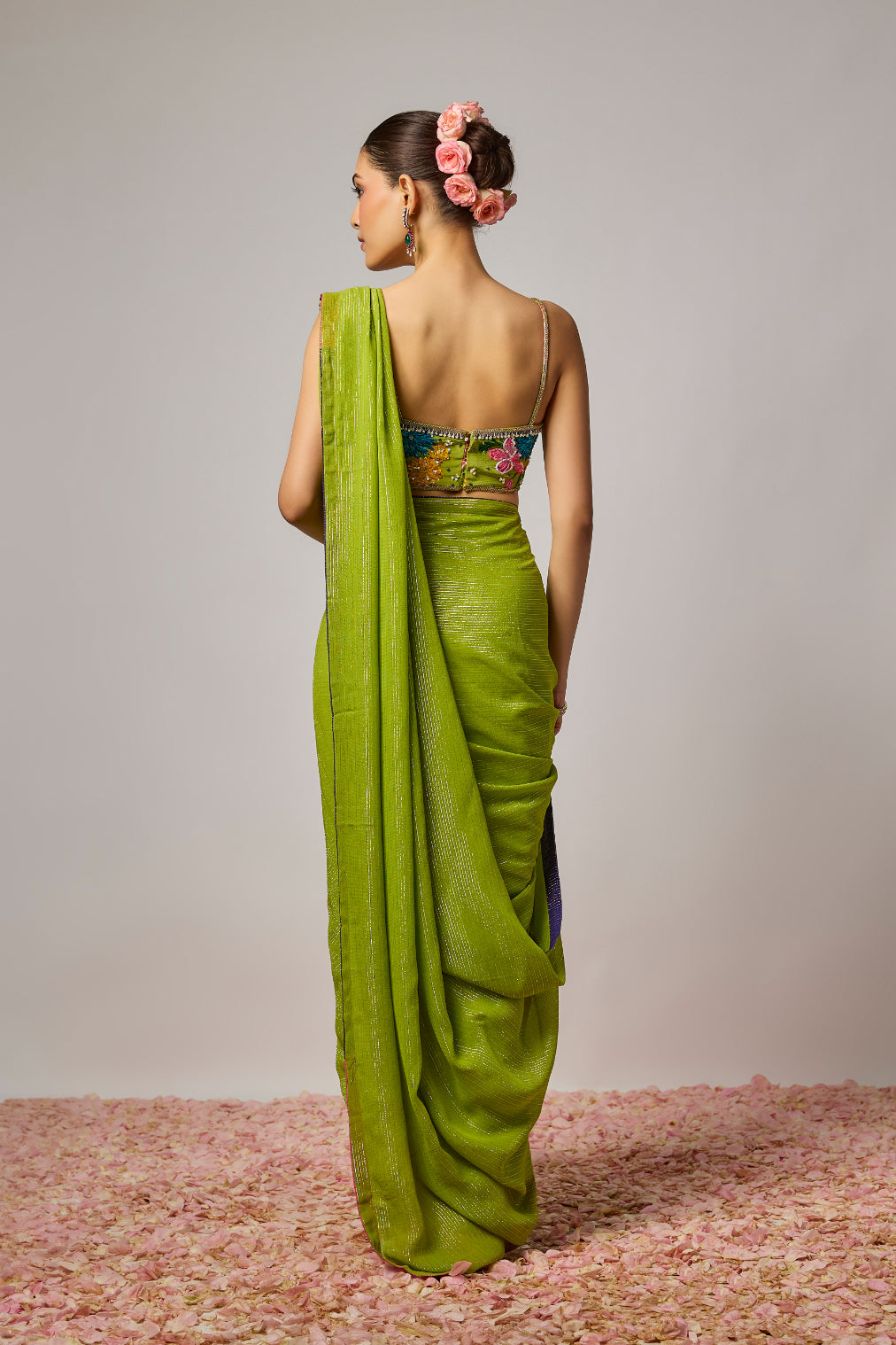 Pre Draped Saree Set With Embroidered Blouse