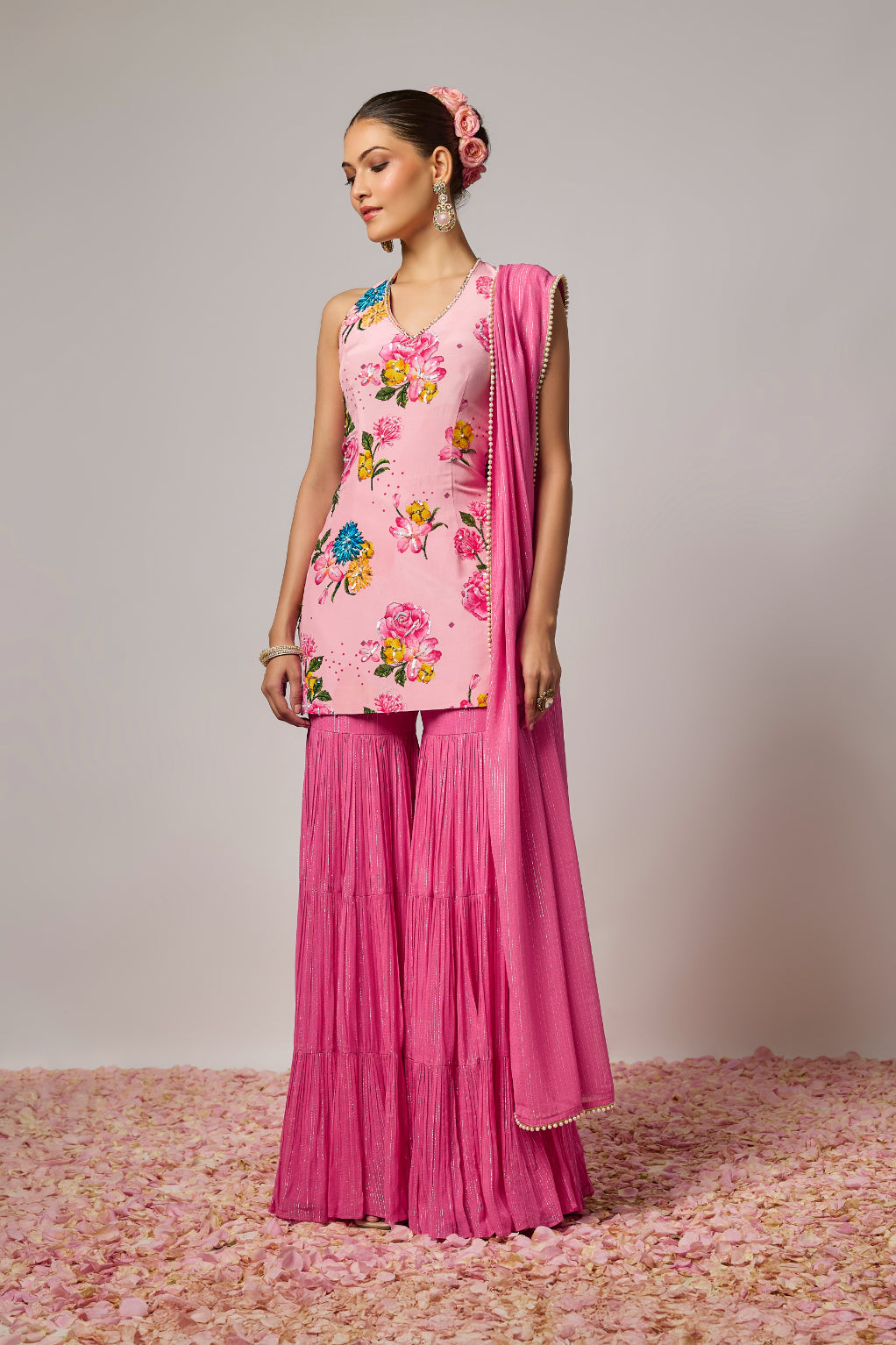Pure Crepe Floral Printed Embroidered Sharara Set