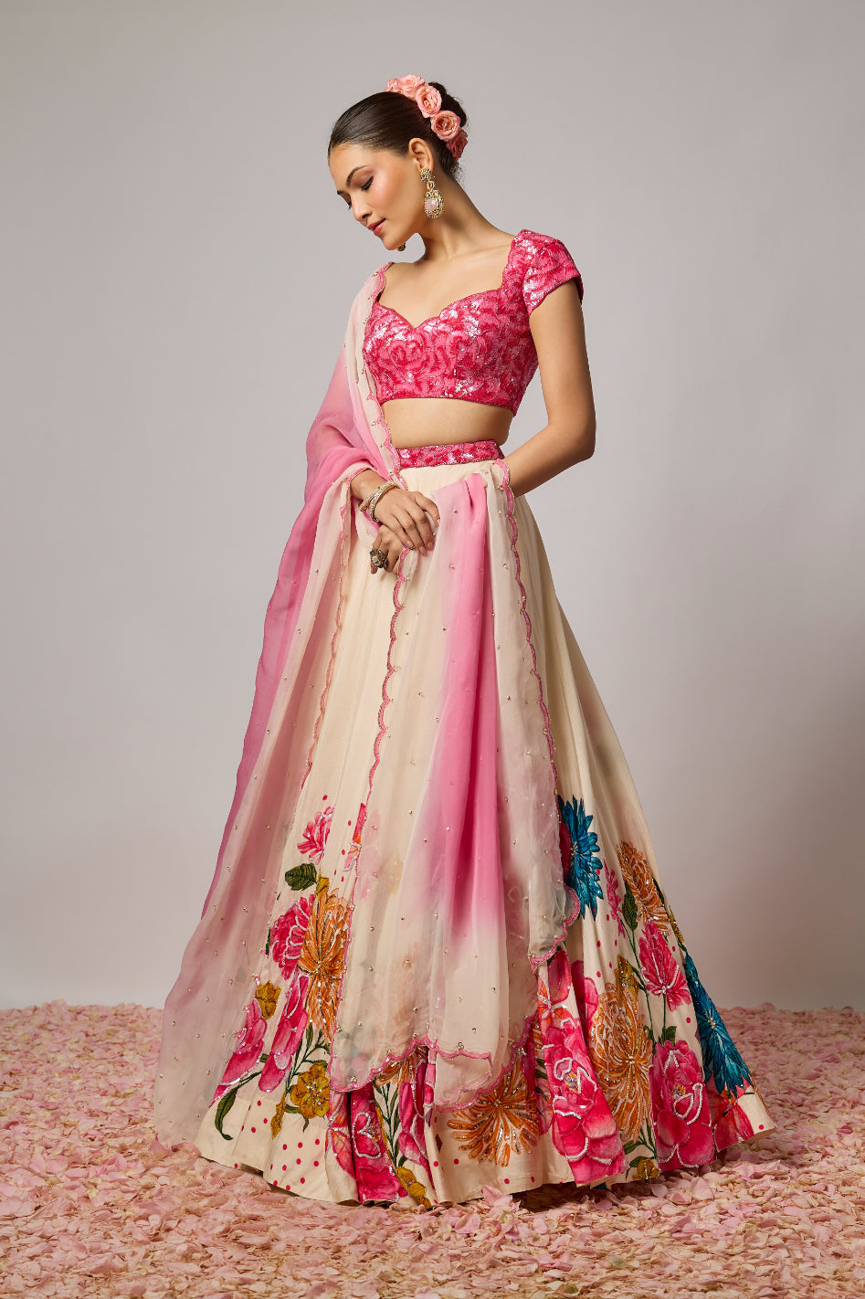 Deep Rose Pink Silk Sequin Embroidered Floral Blouse