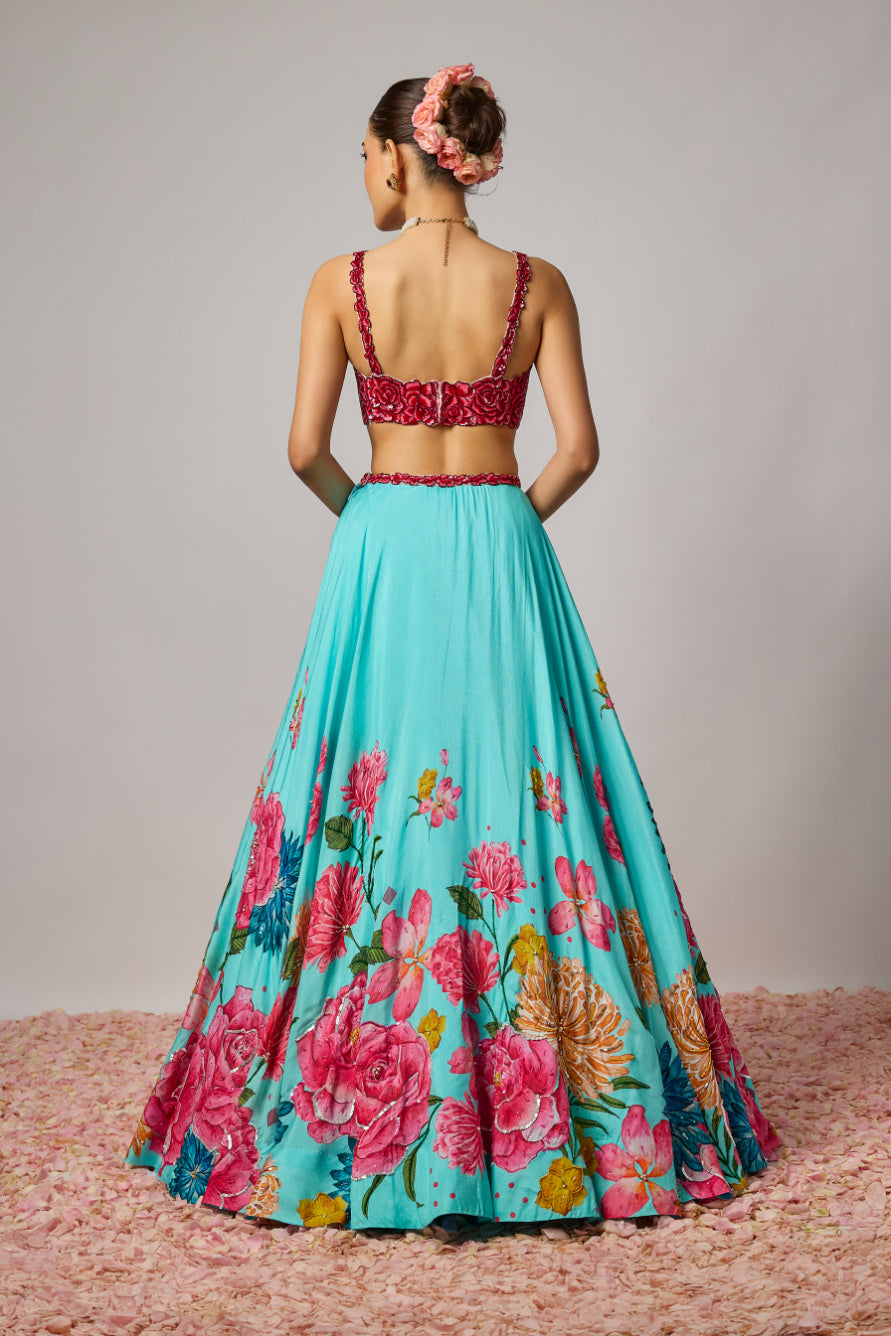 Aqua Blue Dola Silk Embroidered Lehenga Set