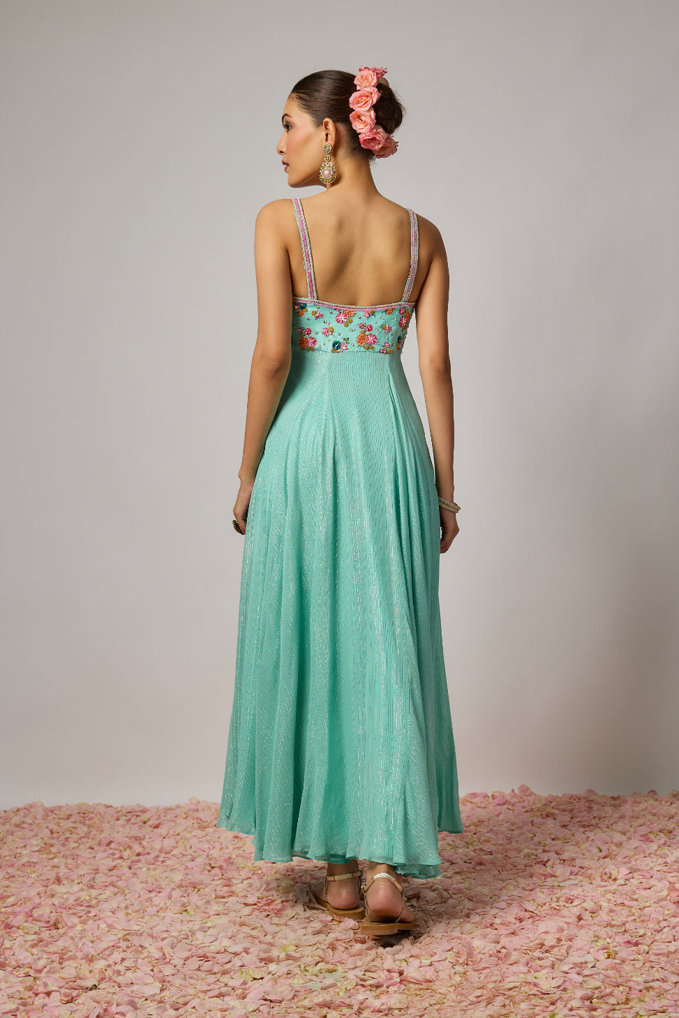 Aqua Blue Lurex Georgette Hand Embroidered Anarkali Set