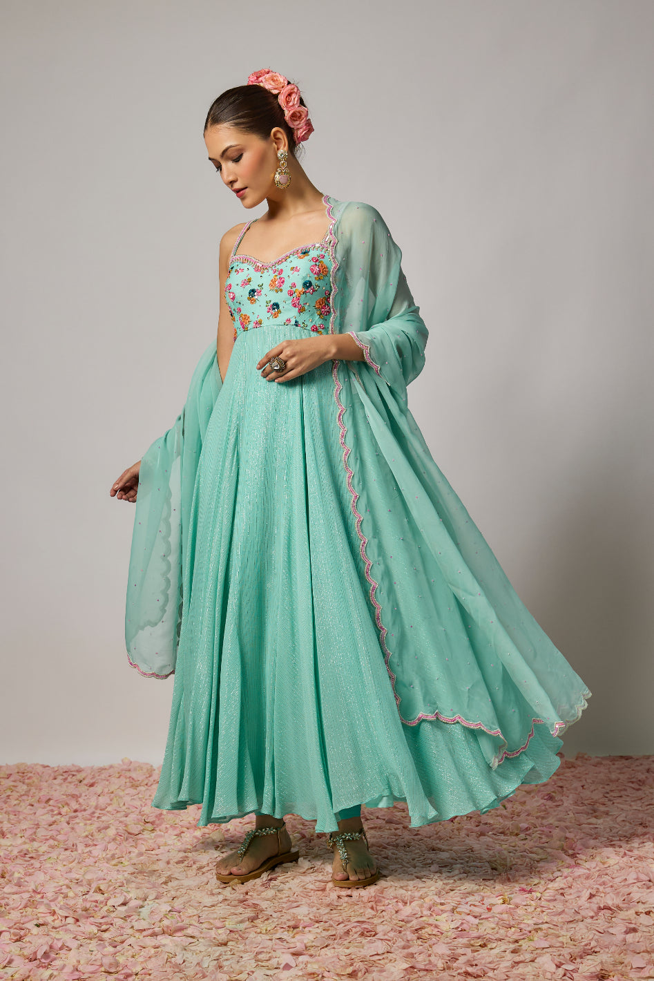 Aqua Blue Lurex Georgette Hand Embroidered Anarkali Set