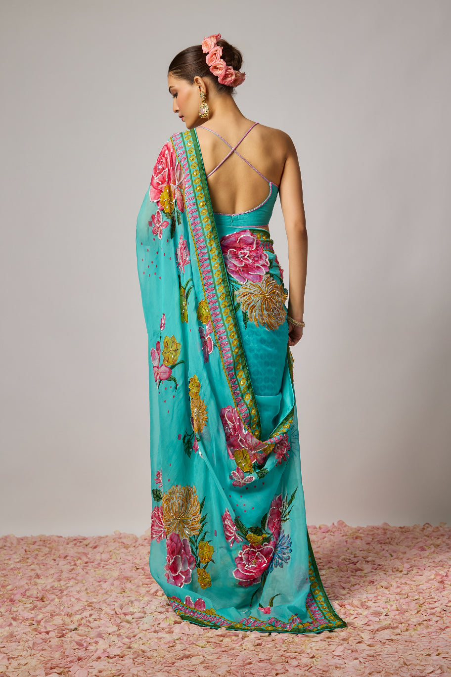 Aqua Blue Embroidered Organza Pre Draped Saree