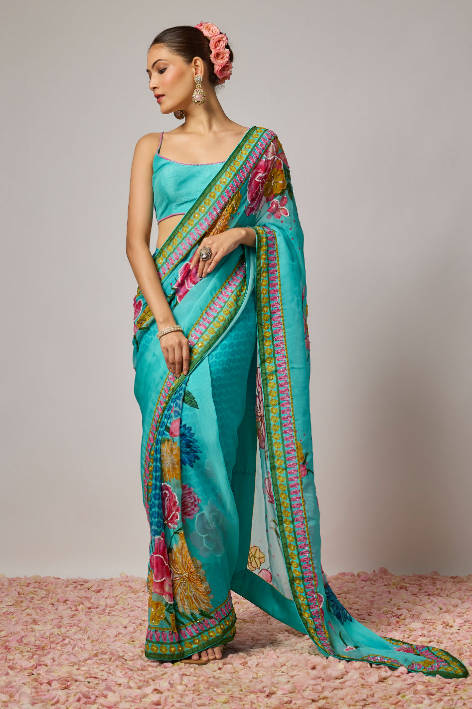 Aqua Blue Embroidered Organza Pre Draped Saree