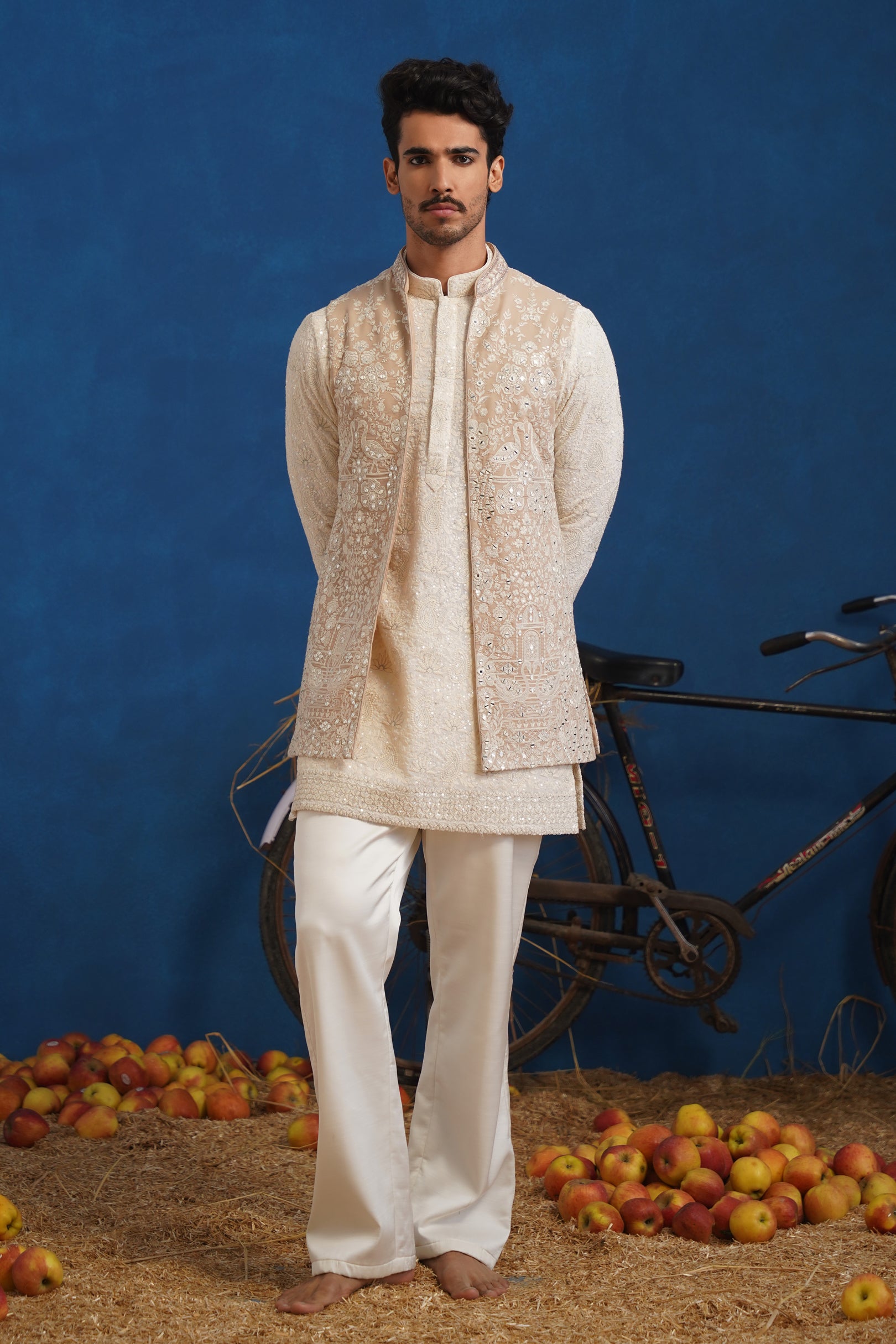 ANVITH MIRROR BEIGE SHORT KURTA JACKET SET