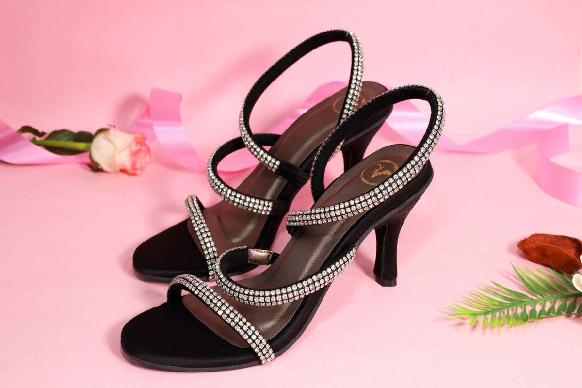 Berry Black Open Toe Heels for Women with Buckle Closure