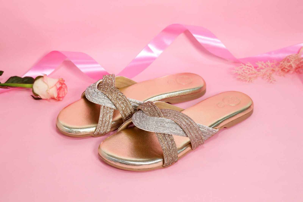 Gold Open Toe Slip on closure Trio Flats