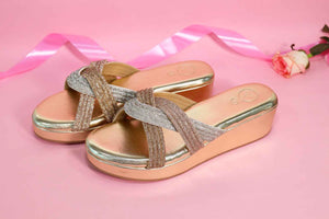 Women Gold Open Toe Faux leather Trio Wedge