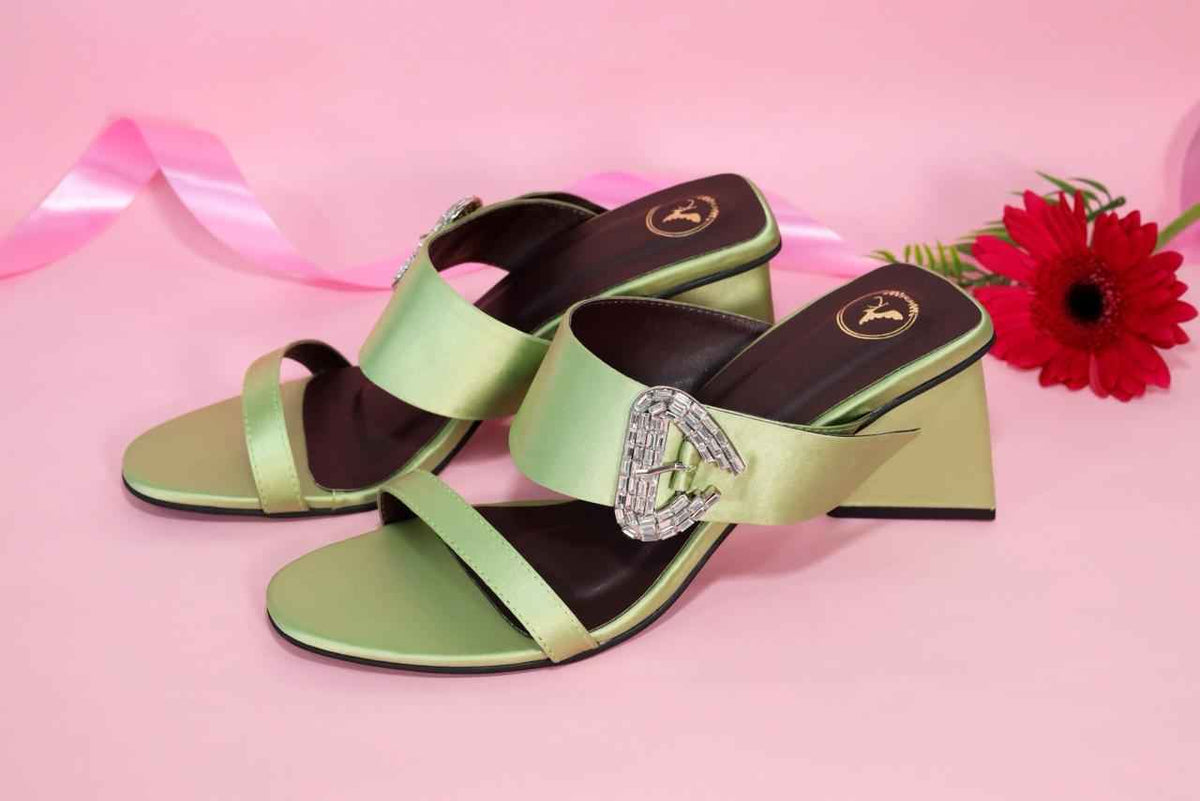 Green Open Toe Faux Leather Dazzle Pistacio Block Heel