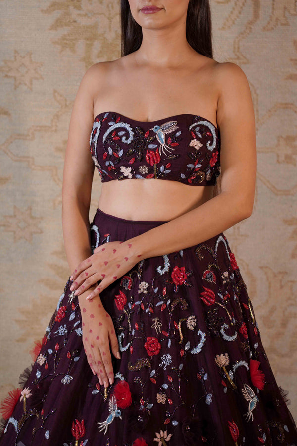 Wine Crystal Lehenga with Cape