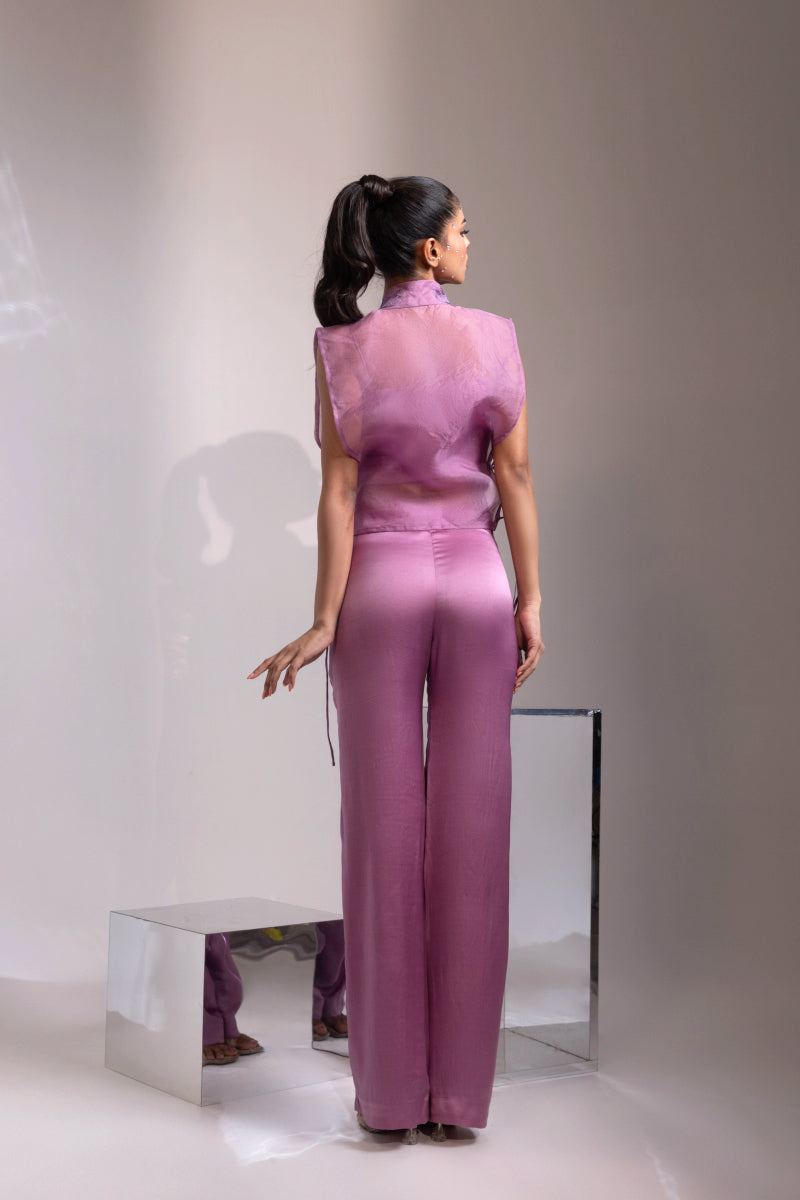 Mauve Embroidered Side-Tie Sheer Top