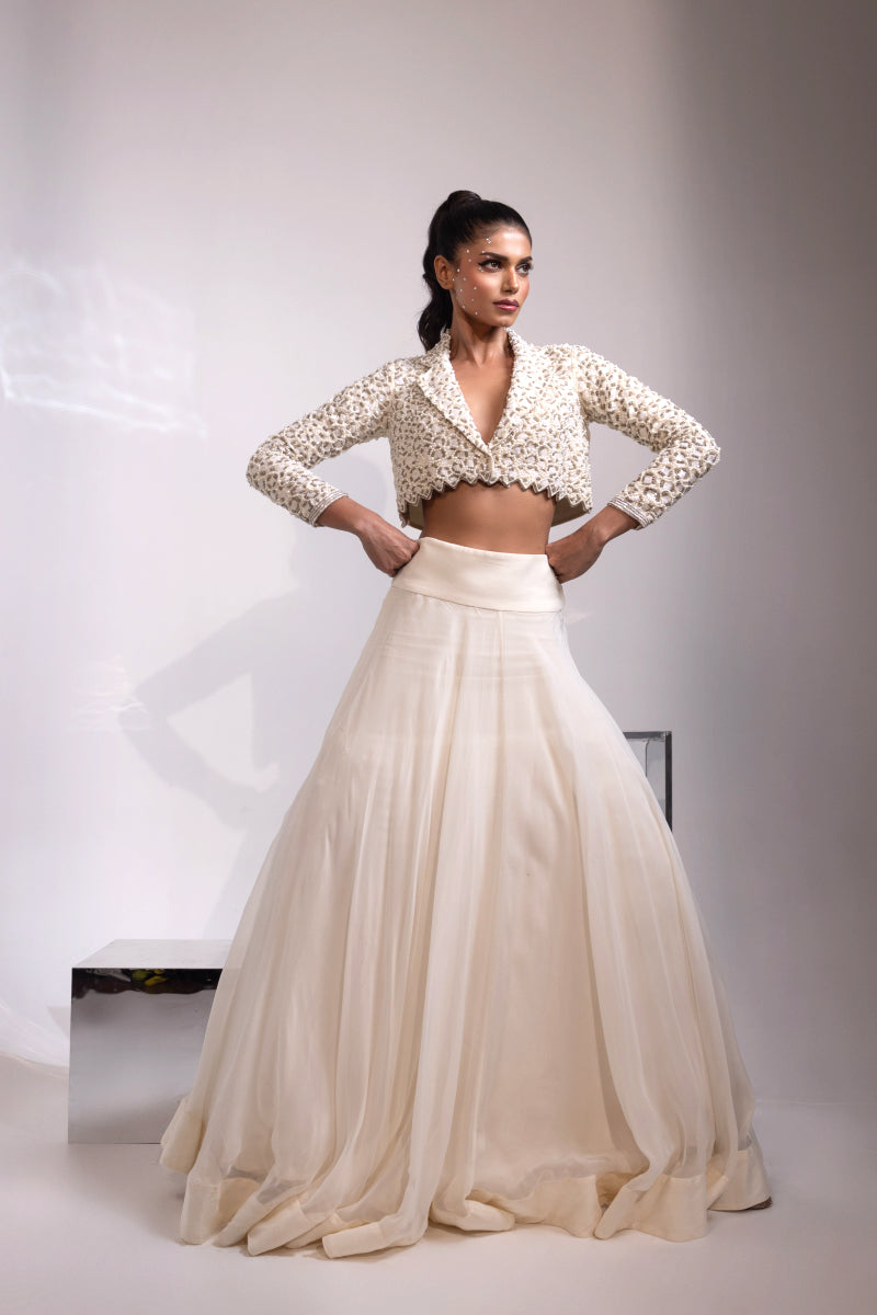 Ivory Embellished Cropped Jacket with Flowing Maxi Skirt