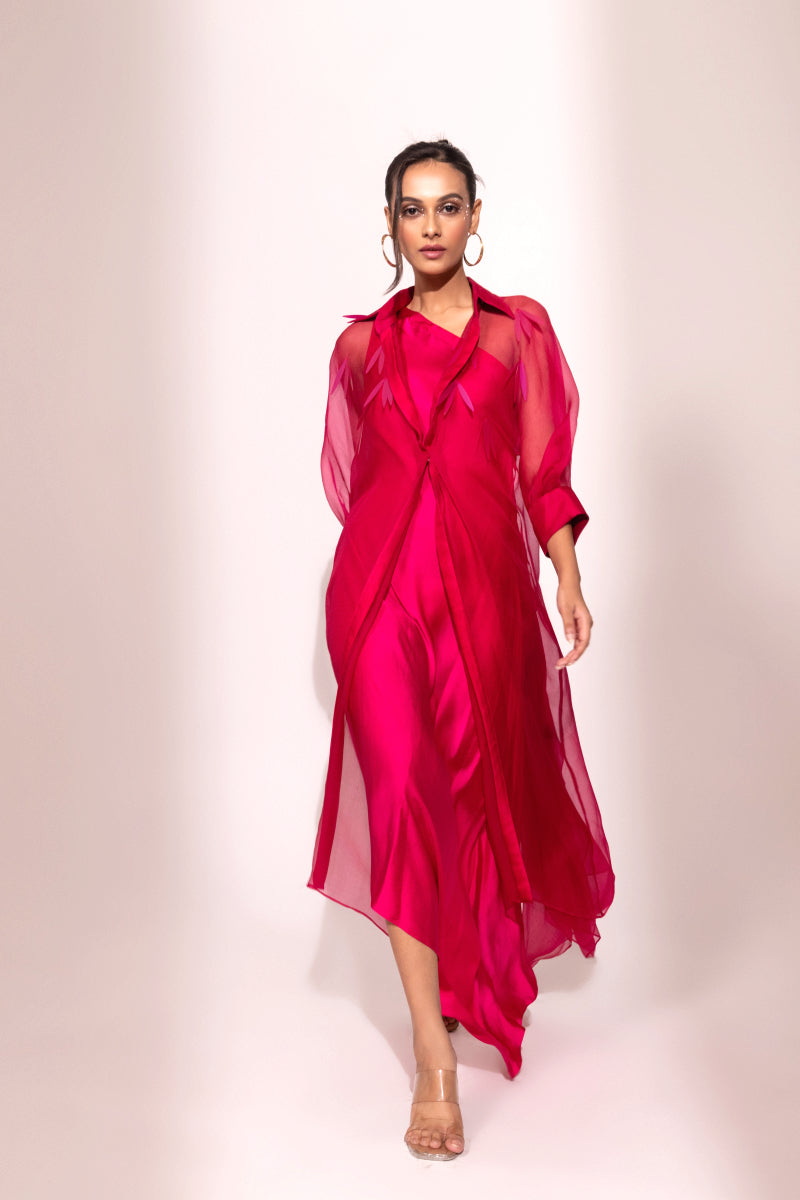 Fuchsia Satin Gown with Sheer Overlay