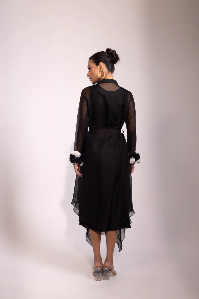 Black Sheer Organza Overlay Dress with Textured Embroidery