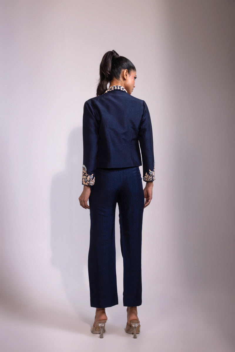 Navy Embroidered Open-Front Jacket with Co-ord Bustier